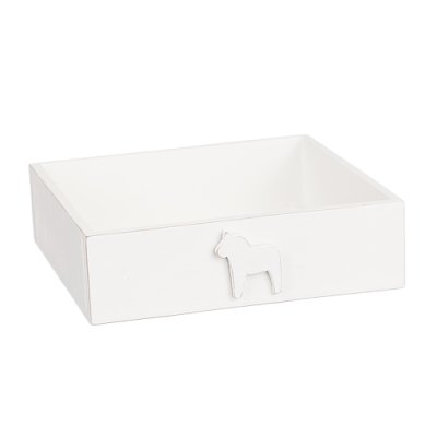 Servettställ /låda i trä vit i lantlig stil med fabriksnötta kanter. Dekorerat med en vit häst / dalahäst framtill. Lika fin att
