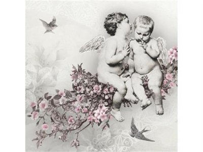Vackra gråa servetter med gammeldags l motiv av änglar som sitter på en blomster gren med rosa blommor.