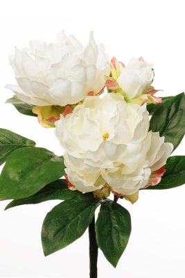 Stor vit pion gren/kvist med  blommor, knopp och blad. Stor fyllig modell välarbetad och verklighetstrogen konstblomma. Vacker a