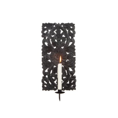 Vacker svart lampett för ljus i trä. Med dekorerad hög svart trä rygg med fabriks nötta kanter. Hållare för ljus i metall som si