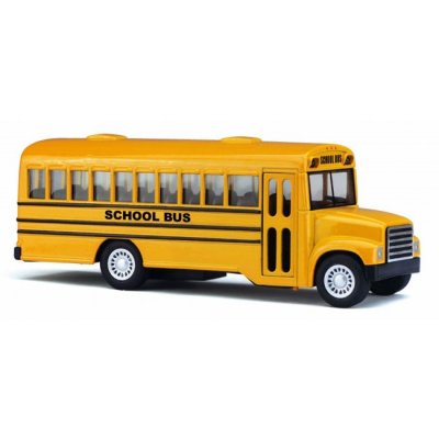 Gul skolbuss nostalgi leksaksbil. Med öppningsbar dörr och i modell dra bak bussen och släpp så åker den av sig skälv.