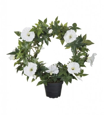 Vacker verklighetstrogen  Blomma för dagen  i båge med vita blommor och gröna blad. välarbetad och fyllig konstgjord blomma med