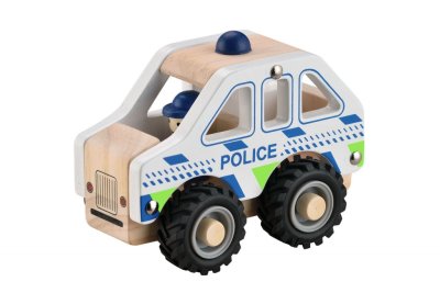 Polisbil i trä med gummerade hjul. Stadig stabil och lite större modell. Med rullbara hjul och i modell som man kan dra bak så å