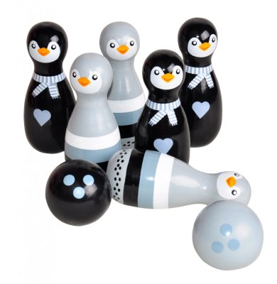 Bowling med pingviner i trä. Klassiskt spel i ny rolig modell. Med sex stycken pingviner i svarta och gråa nyanser samt två klot