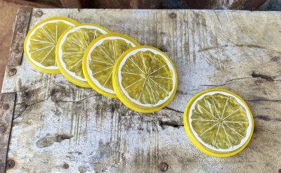 Konstgjord skiva av en citron att dekorera med. Går i en saftig smakfull klar gul nyans.   Mäter 6cm i diameter   Säljes var för