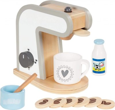 Fin och pedagogisk kaffemaskin med kaffe kapslar, kaffekopp, mjölkflaska och socker.  Helt i trä och går i natur nyanser mixat m