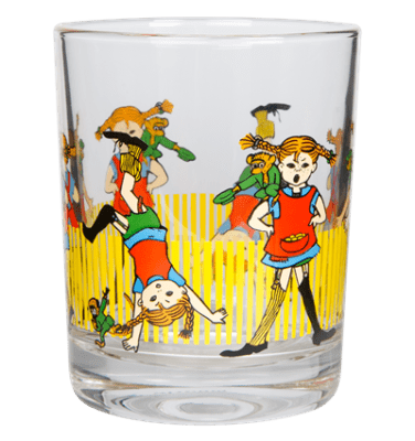 Pippi Långstrump serie i glas och emalj med klassiskt motiv från Pippi Långstrump -Rosa Pippi mugg -Grön Herr Nilsson mugg -Vit