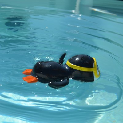 Simmande pingvin, badleksak man skruvar upp så simmar den i vattnet. Finns i tre nyanser -Blå -Rosa -Svart Lekfull och rolig mod