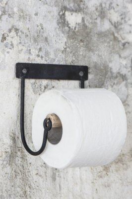 Hållare till toalettpapper i svart metall och hållare för rullen i trä.   Mäter 14*14*7,5cm