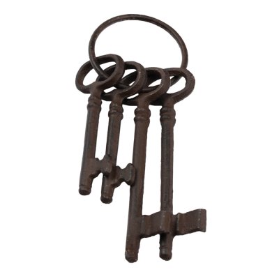 Stor  nyckelknippa med åtta stycken nycklar i järn, rost bruna i nyansen. Vackert att dekorera med i gammeldags stil. Nycklarna