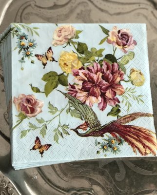 Servett Jardin de Fleurs med vacker påfågel omgiven av blommor på turkos botten .    33cm * 33cm 3-lager  20 per paket