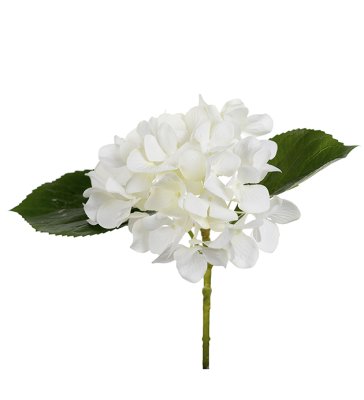 Hortensia i vit nyanser. Välarbetad, verklighetstrogen konstblomma. I kvist/gren modell om en blomma omgiven av gröna blad. Lika