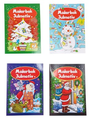 Målarbok JUL med vinter och julmotiv att färglägga. Finns i fyra olika modeller -Julgran -Snögubbe -Tomte vid skorsten -Tomte vi