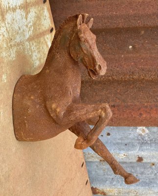 Vacker och elegant häst som sitter på väggen så det ser ut som om den springer ut ur väggen. Vacker på väggen som dekoration ell
