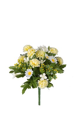 Vacker verklighetstrogen konstgjord blombukett med sommar  blommor bla små prästkragar och klöver. i välarbetad verklighetstroge
