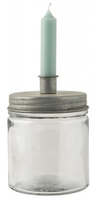 Glasburk med hållare för ljus på locket. Lock och ljushållare i zink. För vanliga ljus sk kronljus. Vacker och praktisk att förv
