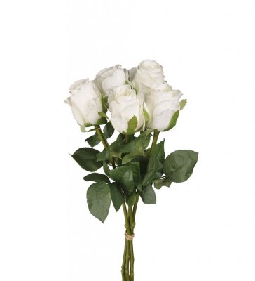 Vacker verklighetstrogen konstgjord blombukett med vita ros i vackert verklighetstrogen kvalité. Buketten är virad med vackert b