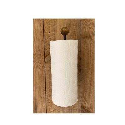Hållare till hushållspapper i smide med trä knopp. I modell att sätta på väggen, stående eller liggande. Praktisk, lätt och smid