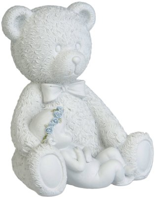 Vit ängel bebis som sover i famnen på en stor nallebjörn . Bebisen är dekorerad med en rosen krans på huvudet. Finns i två nyans