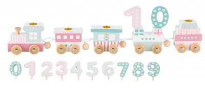 Födelsedags tåg i trä med hållare för ljus samt med siffror att byta ut anpassat efter åldern på den som fyller, medföljande sif