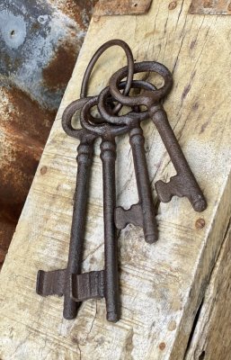 Stor  nyckelknippa med åtta stycken nycklar i järn, rost bruna i nyansen. Vackert att dekorera med i gammeldags stil. Nycklarna 