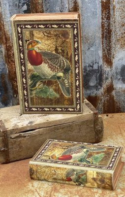 Bokgömma låda öppningsbar bok. Med gammeldags /antik motiv av en vacker fågel  och fin rygg. Finns i två modeller -Större -Mindr