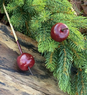 Rött mörkrött äpple på stick i trä. Att dekorera med sticka ner i ett arrangemang av blommor eller ljus tex. Vill man dekorera m