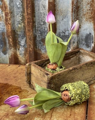 Vacker planta med lila tulpaner med gröna blad. Välarbetad och verklighetstrogen konstgjord blomma med verklighetskänsla. Ha den