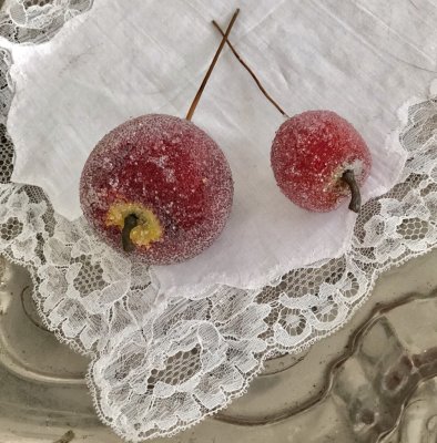 Rött äpple på stick dekorerat med is/frost kristaller. Finns i två modeller/storlekar -Större -Mindre Välarbetat, vackert konstg