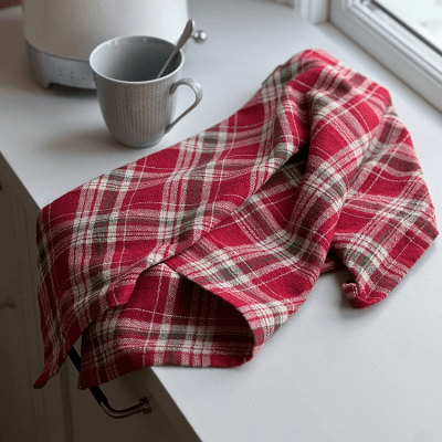 Rutig kökshandduk Vivi i röda och olivgröna nyanser 