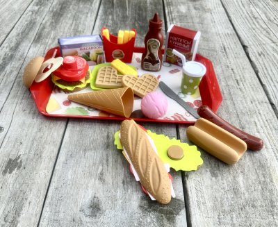 Leksaks mat byggbar hamburgare och smörgås med tillbehör 