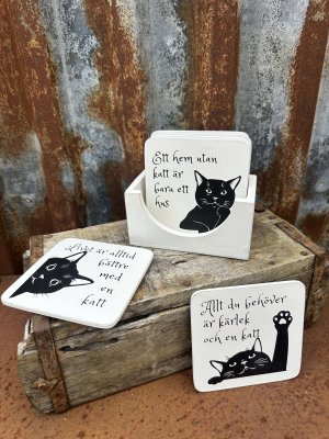 Glasunderlägg i låda med katter och rolig text 