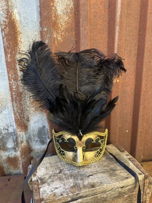 Mask teatermask i svart och guld med fjädrar
