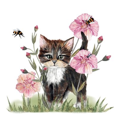 Disktrasa med katt och rosa blommor 