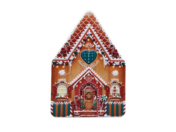 Fin och rolig stor plåtburk i modell av ett dekorerat pepparkakshus. Välarbetad och detaljrik lika praktisk för förvaring som fi