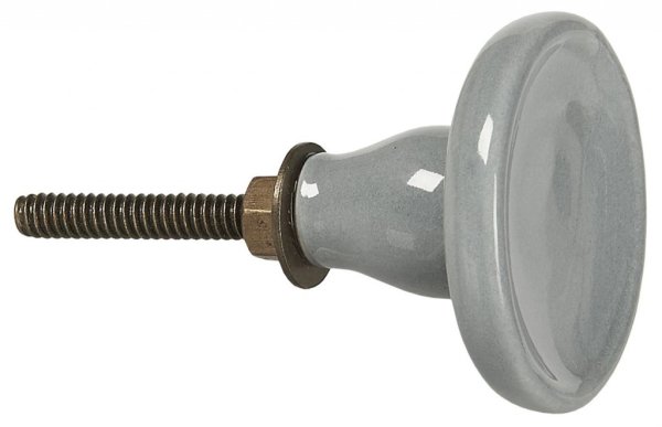Grå / Blå keramik knopp med blank glaserad yta. Rund modell med diskret upphöjd kant runt om. Stomme i antik guld färgad nyans.