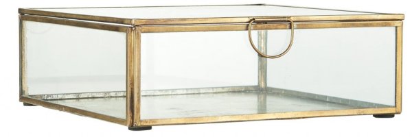 Vackert större smyckeskrin / ask i glas med guld kanter samt öppningsbart lock. Modellen är fyrkantig så den passar även lika br