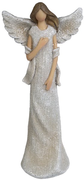 Söt ängel i mindre modell med breda vingar. Elegant modell som går i en beige/cream vit nyans dekorerad med ett lätt silver glit