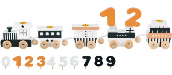 Födelsedags tåg i trä med hållare för ljus samt med siffror att byta ut anpassat efter åldern på den som fyller, medföljande sif