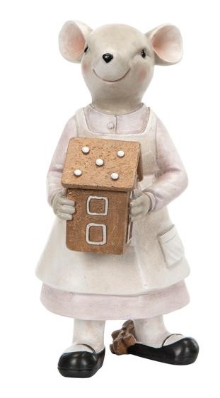 Söta möss i julbestyr med pepparkaksbak. Finns i två modeller -Med pepparkakshus -Med pepparkakor Detaljrika och välarbetade med