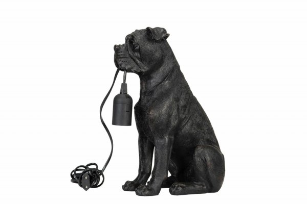 Vacker, rolig och söt lampa i annorlunda modell. Sittande hund med lampans sladd i munnen. Går i en antik svart / brun nyans. Ti