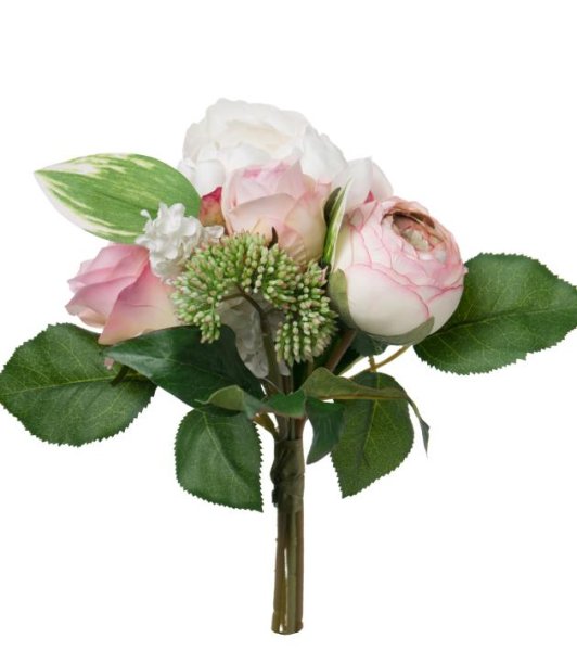 Vacker stor ljusrosa och vit bukett med blandade blomma, knoppar och blad. En välarbetad verklighetstrogen bukett med konstblo