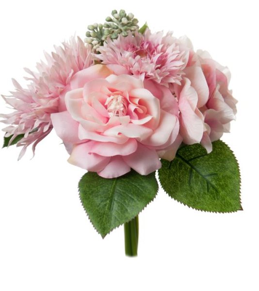 Vacker rosa bukett med blandade blommor av bla rosor och hortensia . En välarbetad verklighetstrogen bukett med konstblommor. M