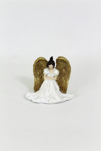 Vacker vit ängel modell Alice. I sittande modell med stora vackra vingar i guld och brunt hår . Ängeln går i en matt mjuk vit ny