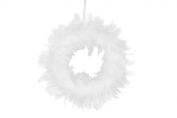 Vacker vit krans av fluffigt dun/ fjädrar . Att hänga på en dörr, vägg, skåp eller liknande . Pynta upp med ett vackert band ell