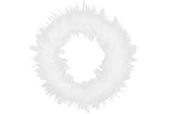 Vacker vit krans av fluffigt dun/ fjädrar . Att hänga på en dörr, vägg, skåp eller liknande . Pynta upp med ett vackert band ell