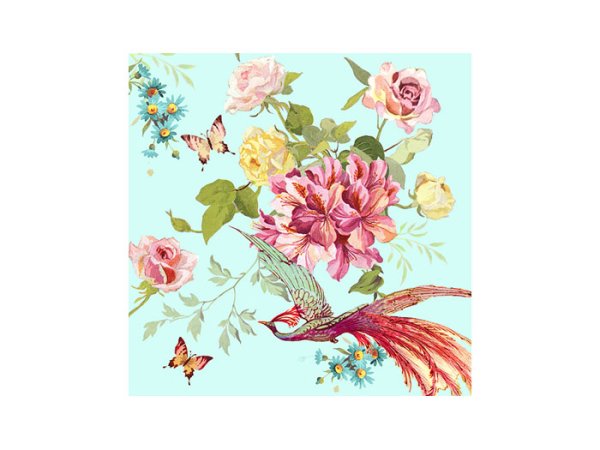 Servett Jardin de Fleurs med vacker påfågel omgiven av blommor på turkos botten . 33cm * 33cm 3-lager 20 per paket