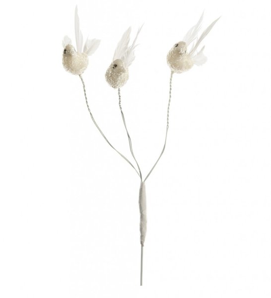 Glitter fåglar att dekorera med. Fåglarna sitter tre stycken på en dekorations stick pinne av ståltråd. Pinnen fåglarna sitter p