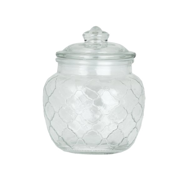 Lantlig glasburk i rundad modell med mönster och lock. Finns i tre storlekar -Större -Mellan -Mindre Rymlig modell med silikon p