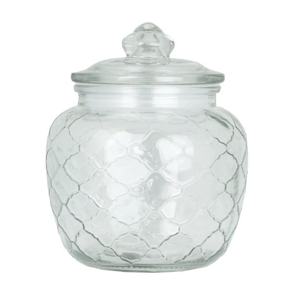 Lantlig glasburk i rundad modell med mönster och lock. Finns i tre storlekar -Större -Mellan -Mindre Rymlig modell med silikon p